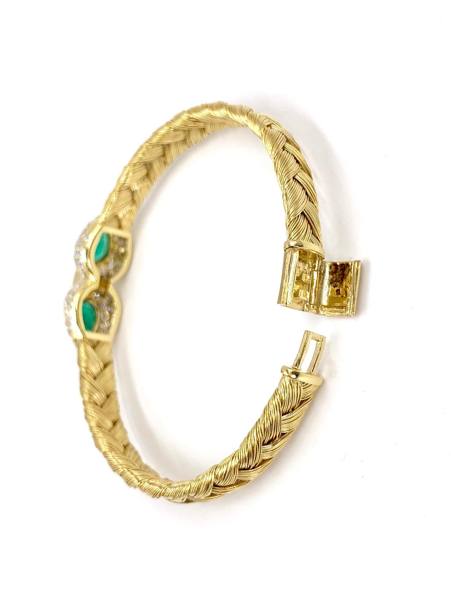 18 Karat Woven Bangle with Emeralds and Diamonds For Sale 4