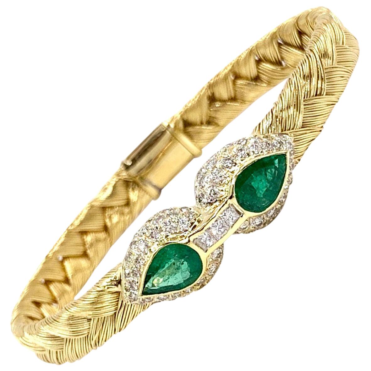 18 Karat Woven Bangle with Emeralds and Diamonds For Sale