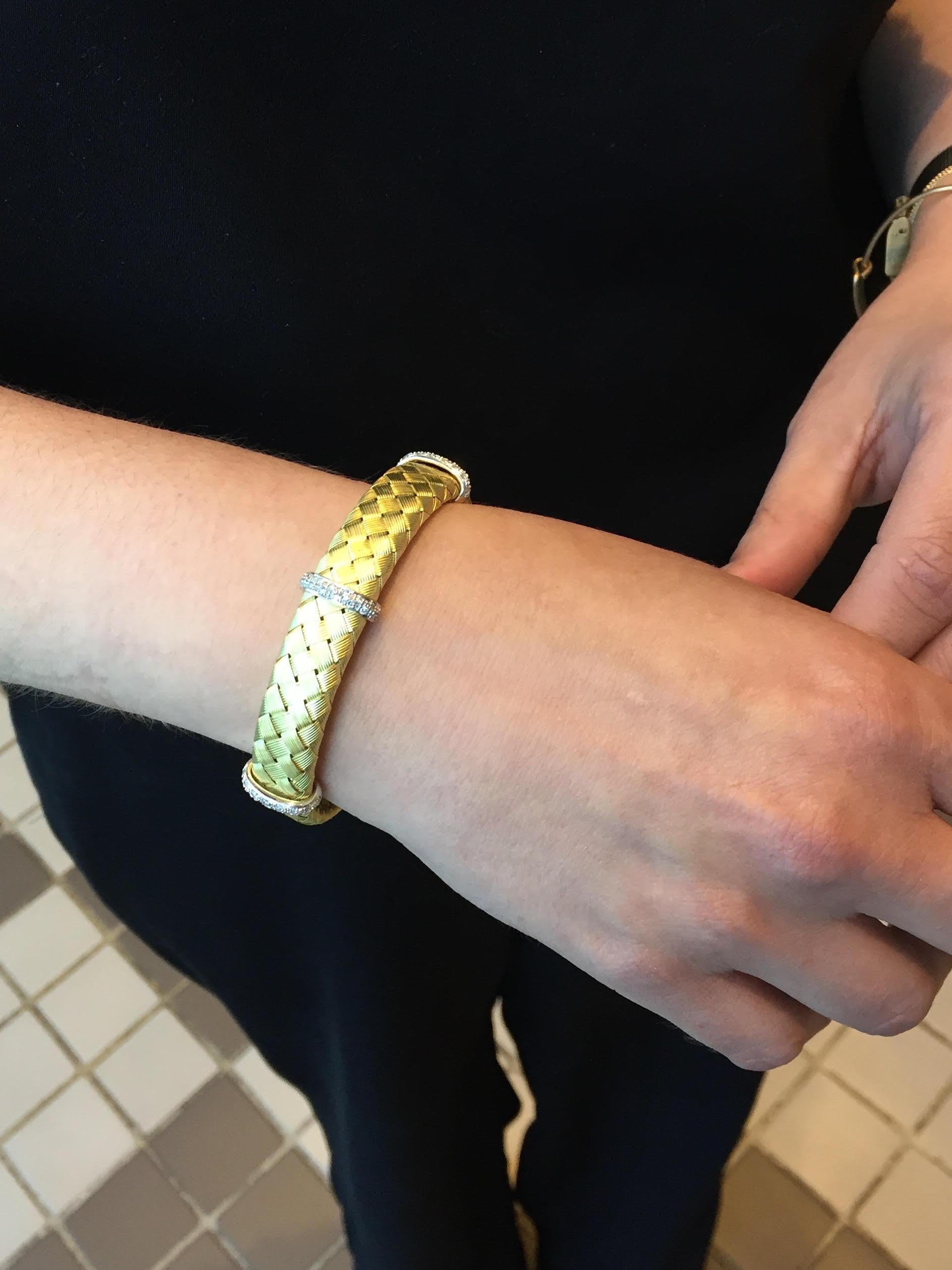 Women's 18 Karat Woven Gold Bracelet with Diamond Bars