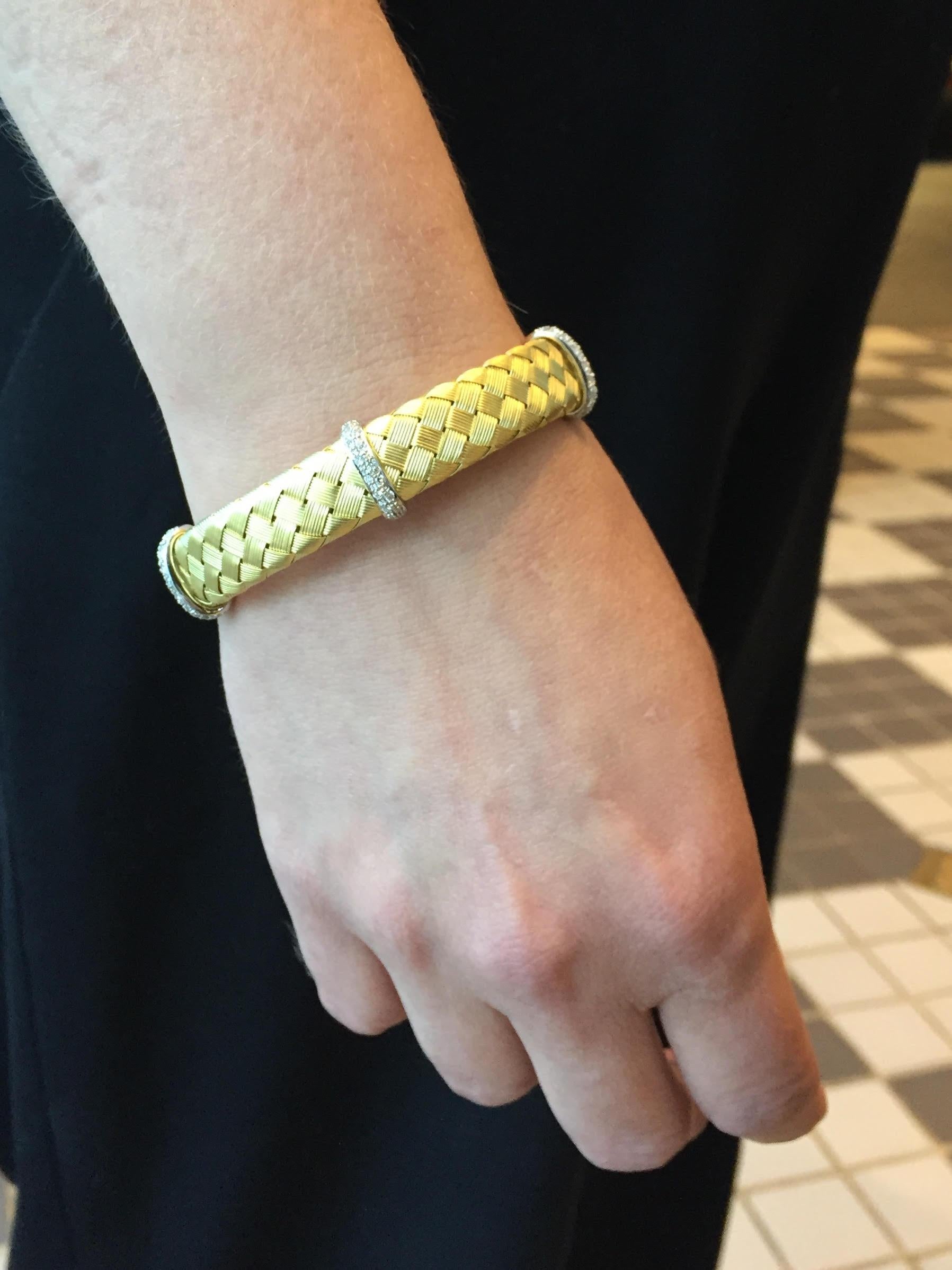 18 Karat Woven Gold Bracelet with Diamond Bars 1