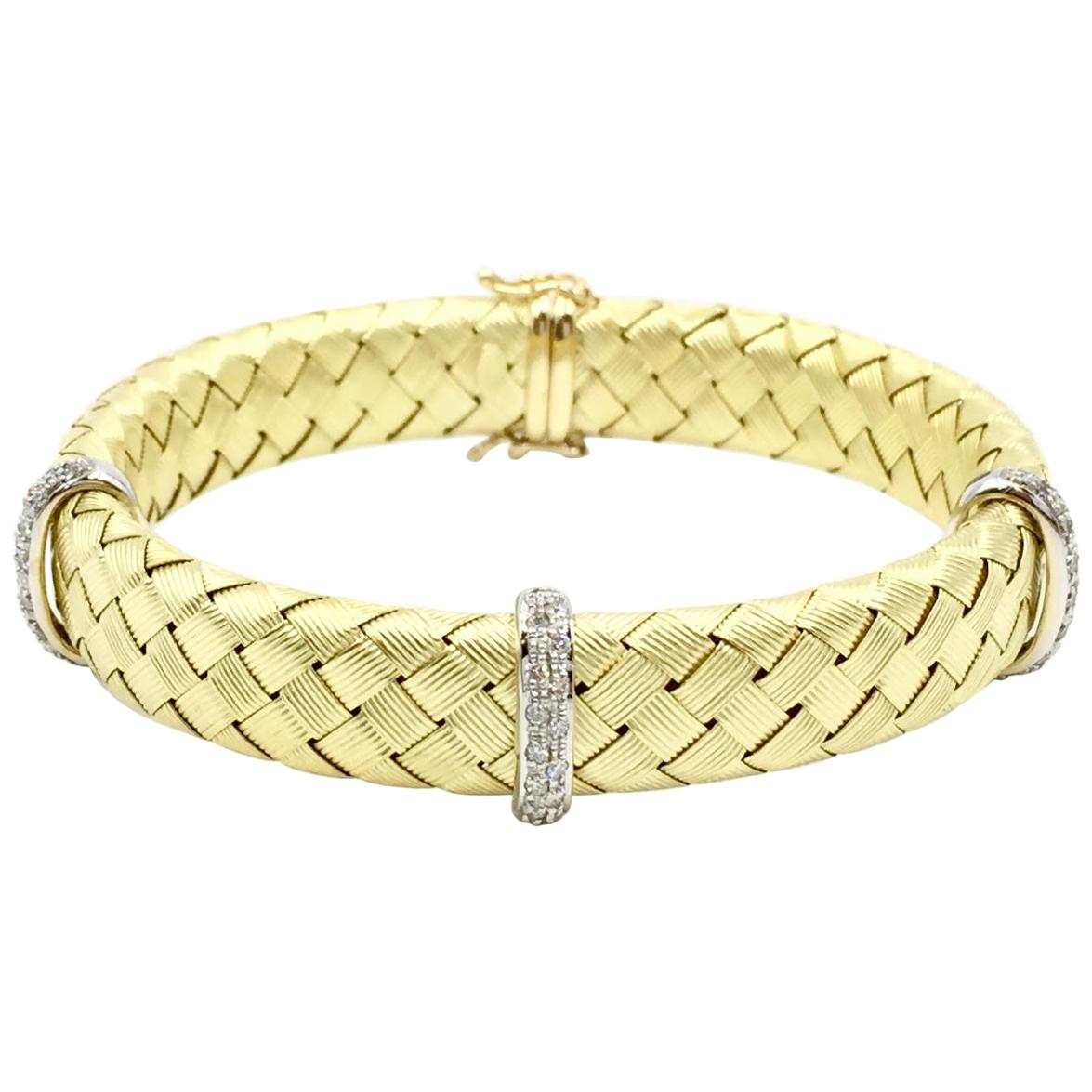 18 Karat Woven Gold Bracelet with Diamond Bars
