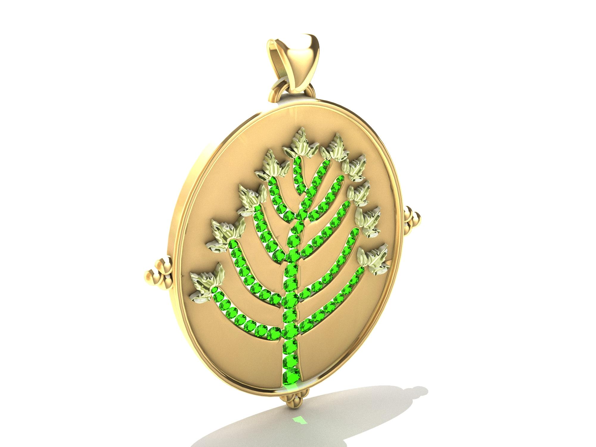Contemporary 18 Karat Yellow  14 Karat Green Golds and  Emeralds Tree of Knowledge For Sale