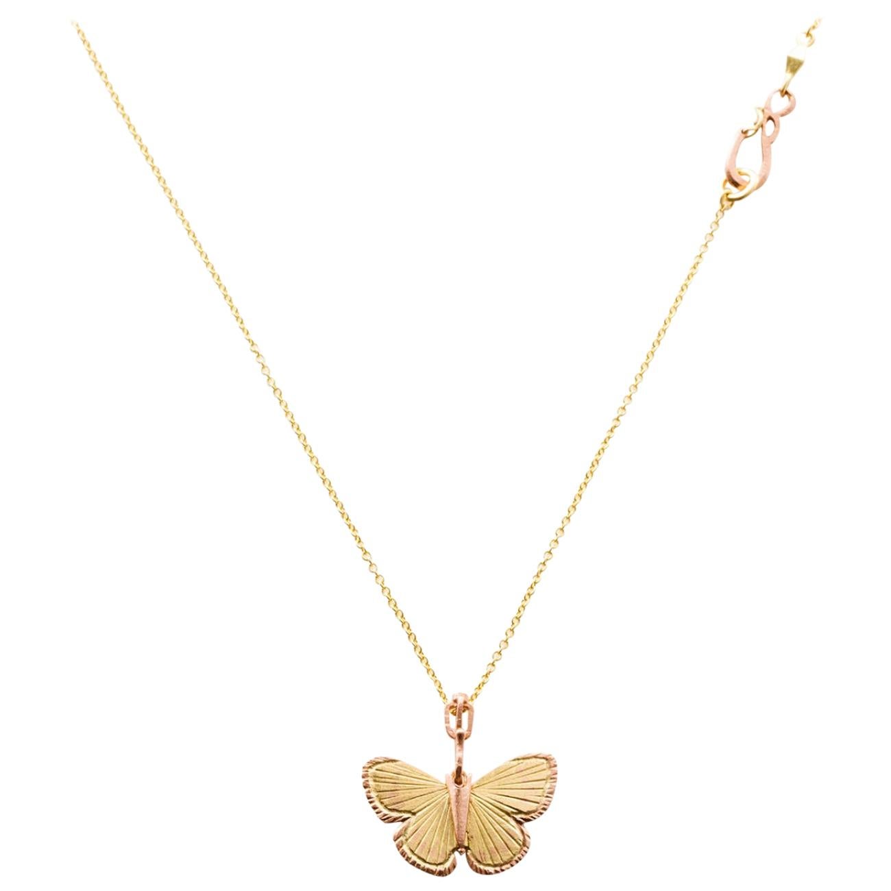 18 Karat Yellow 14 Karat Rose Gold Palos Verde Butterfly Necklace For Sale