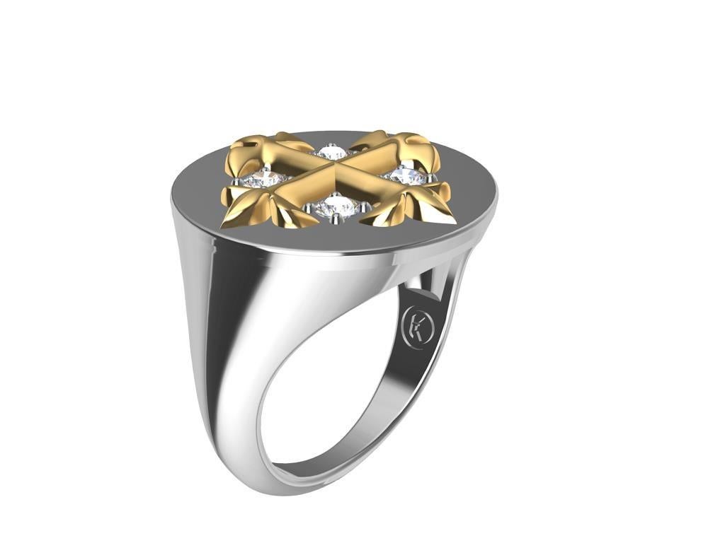 En vente :  Bague chevalière à croix Fleur di Lis en or jaune 18 carats et blanc 18 carats et diamants 5