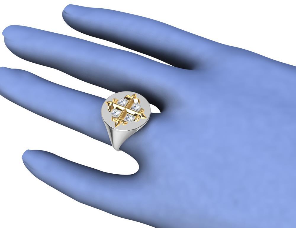 En vente :  Bague chevalière à croix Fleur di Lis en or jaune 18 carats et blanc 18 carats et diamants 6
