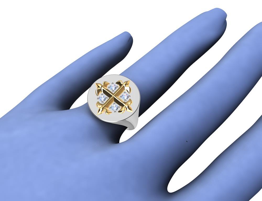 En vente :  Bague chevalière à croix Fleur di Lis en or jaune 18 carats et blanc 18 carats et diamants 7