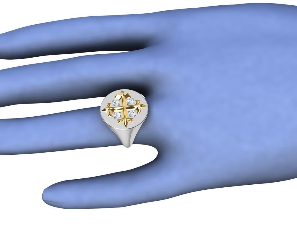 En vente :  Bague chevalière à croix Fleur di Lis en or jaune 18 carats et blanc 18 carats et diamants 8