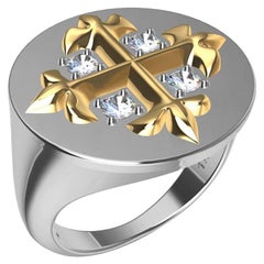 18 Karat Gelber und 18 Karat Weißer Fleur di Lis Diamanten Kreuz Siegelring