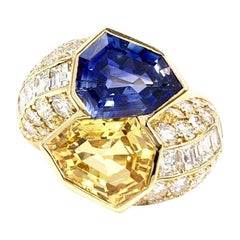 18 Karat Yellow and Blue Sapphire Diamond Bypass Ring
