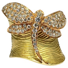 18 Karat Yellow and Pink Gold Wide Band Ring with Diamond Dragonfly by Vaid