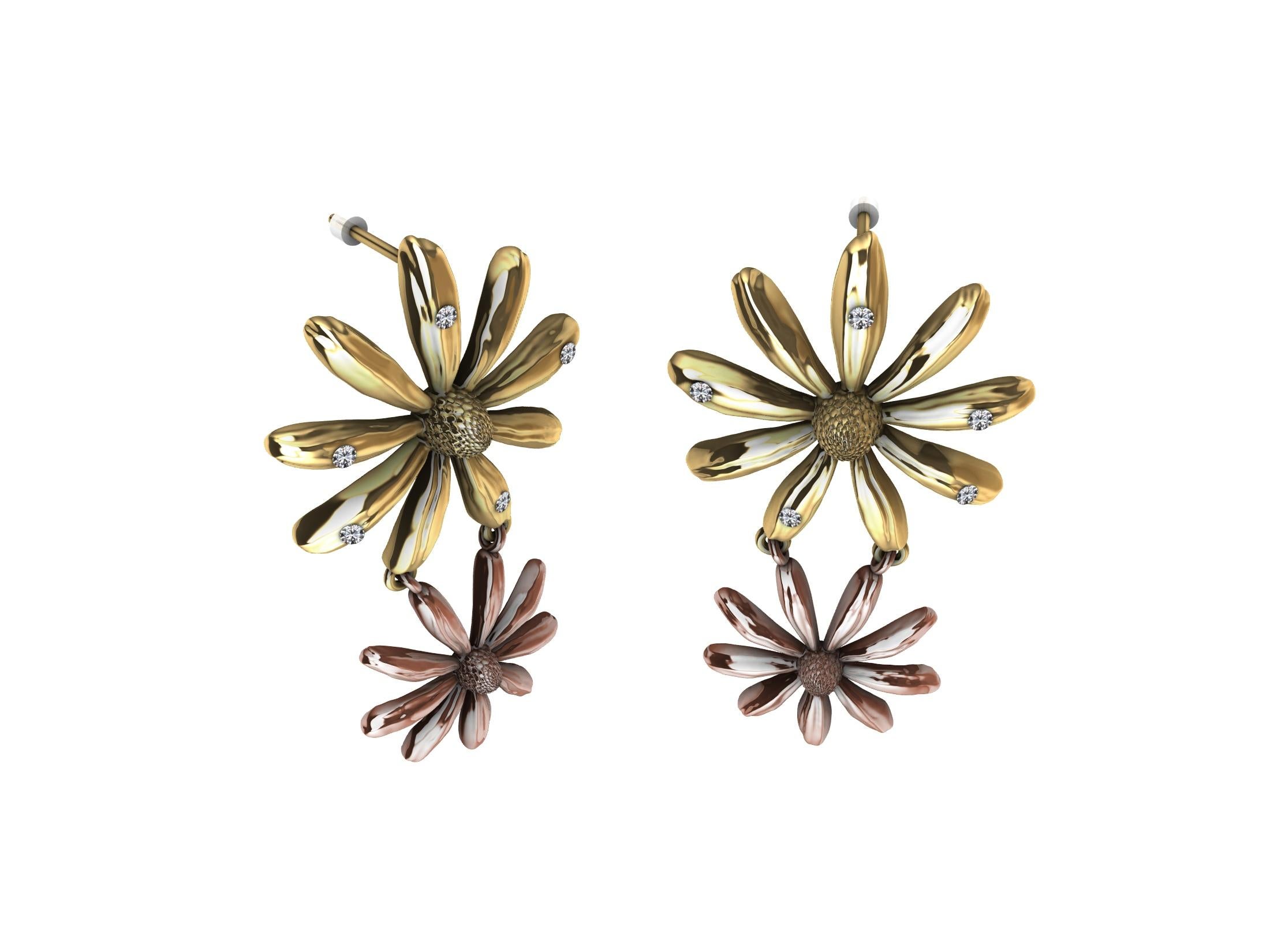 Tiffany designer, Thomas Kurilla is sculpting flowers for their details and lovely shapes. Sculpture is my passion. Flowers are works of art. This pair of earrings has it all. Diamonds, two color golds, and a textured cone.
 Made to order in NYC,
