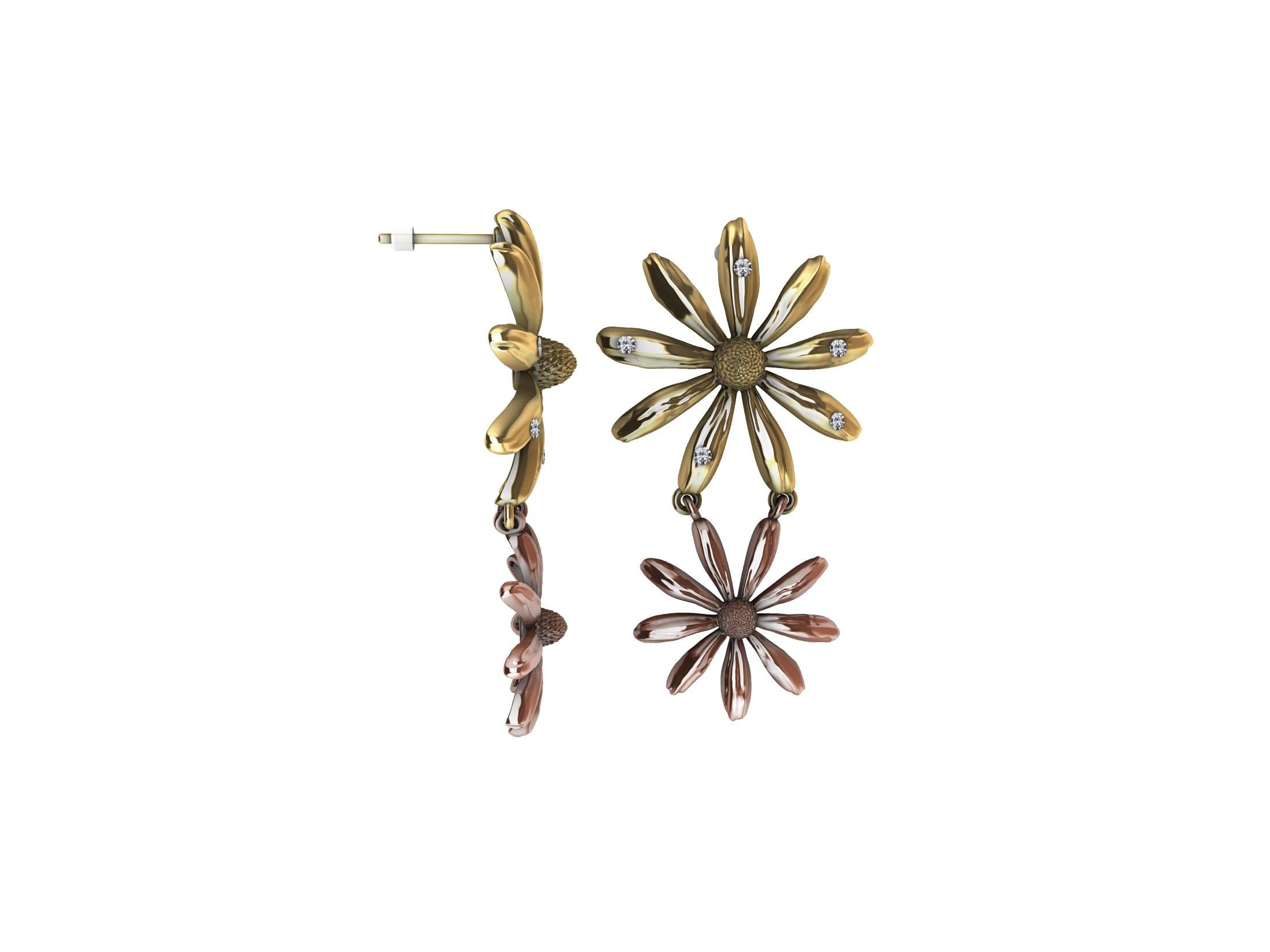 Contemporary 18 Karat Yellow and Ros Gold Cone Flower Diamond Earrings For Sale