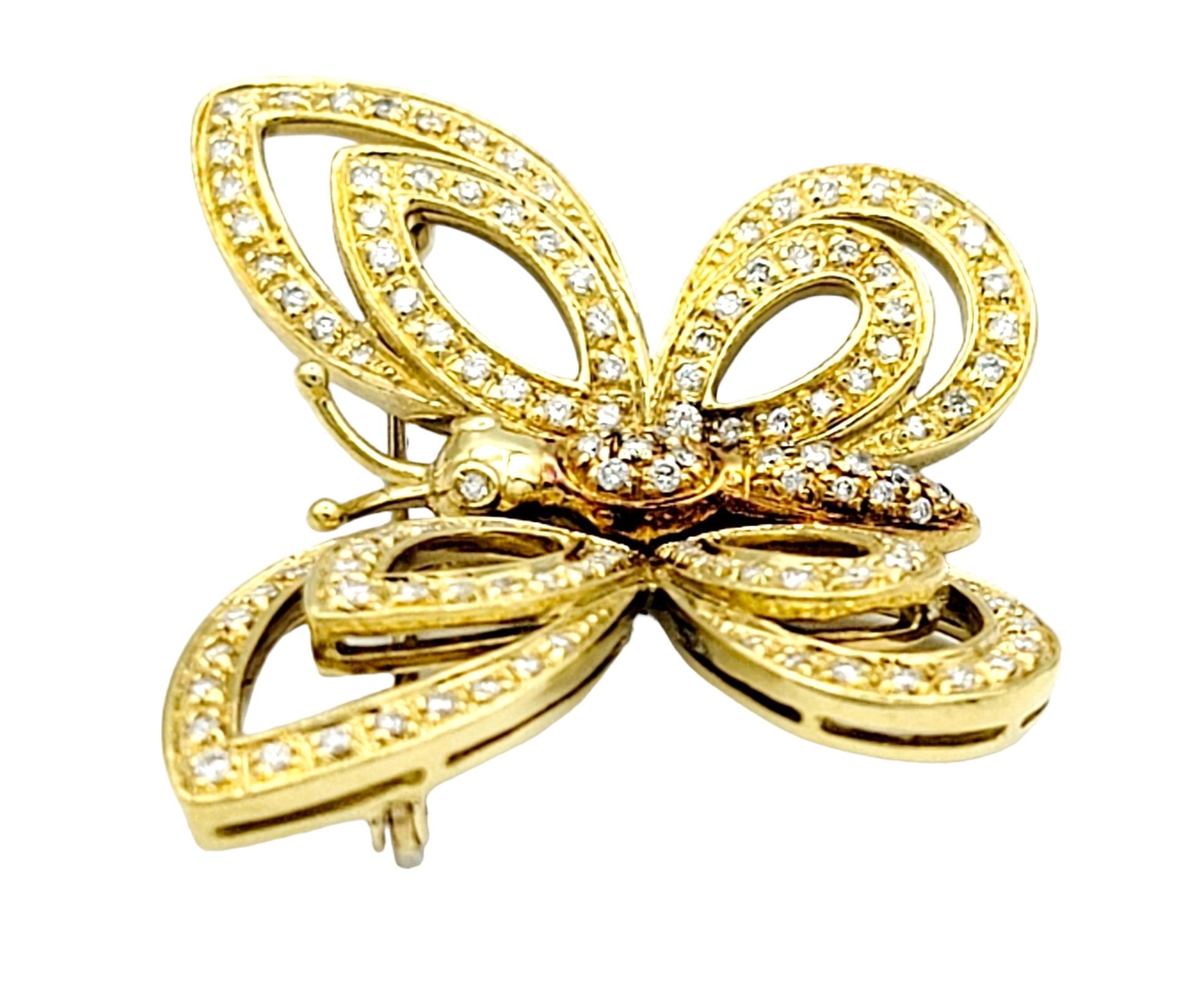 Contemporary 18 Karat Yellow and Rose Gold Pave Diamond Open Butterfly Brooch  For Sale