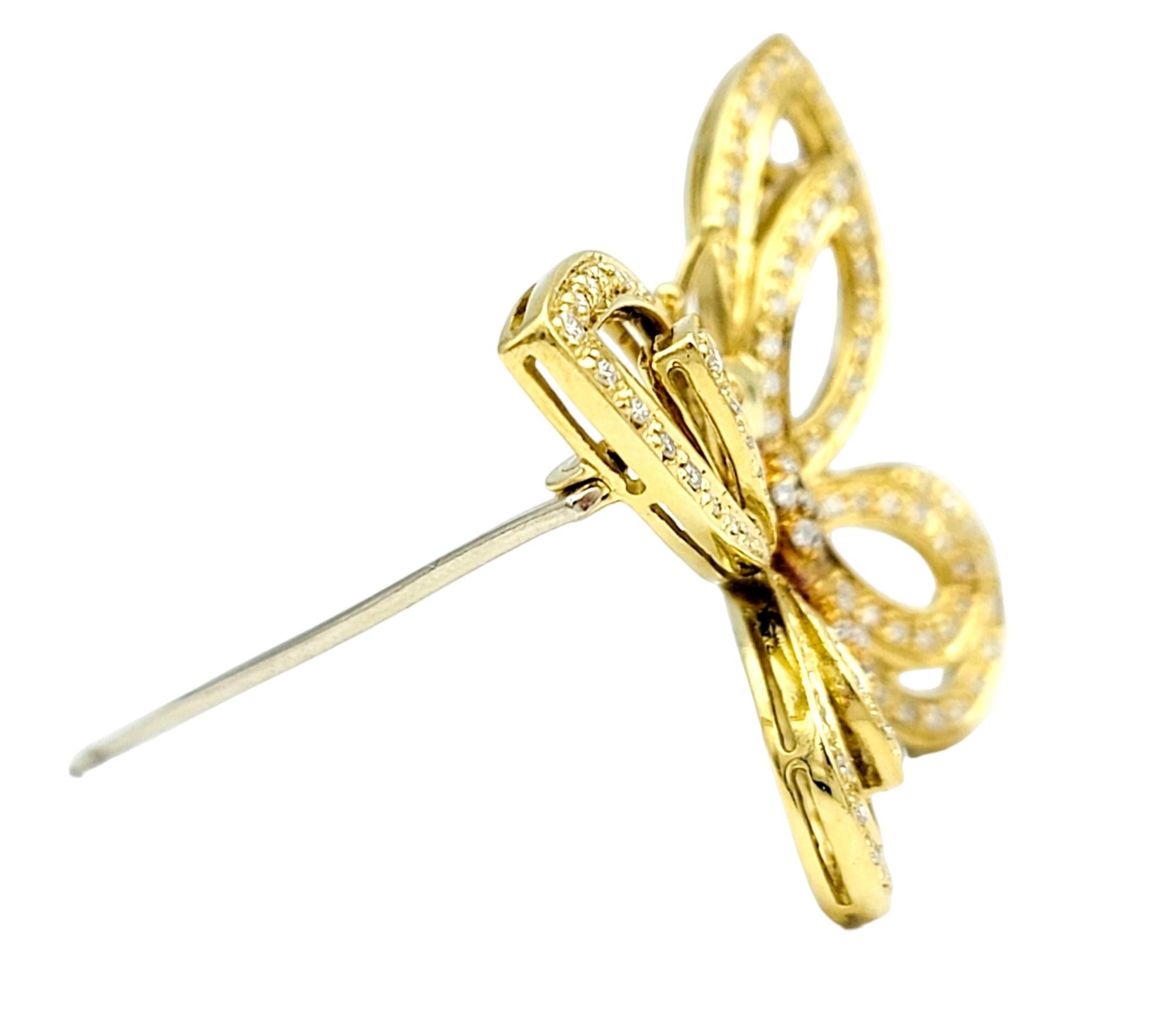 Round Cut 18 Karat Yellow and Rose Gold Pave Diamond Open Butterfly Brooch  For Sale