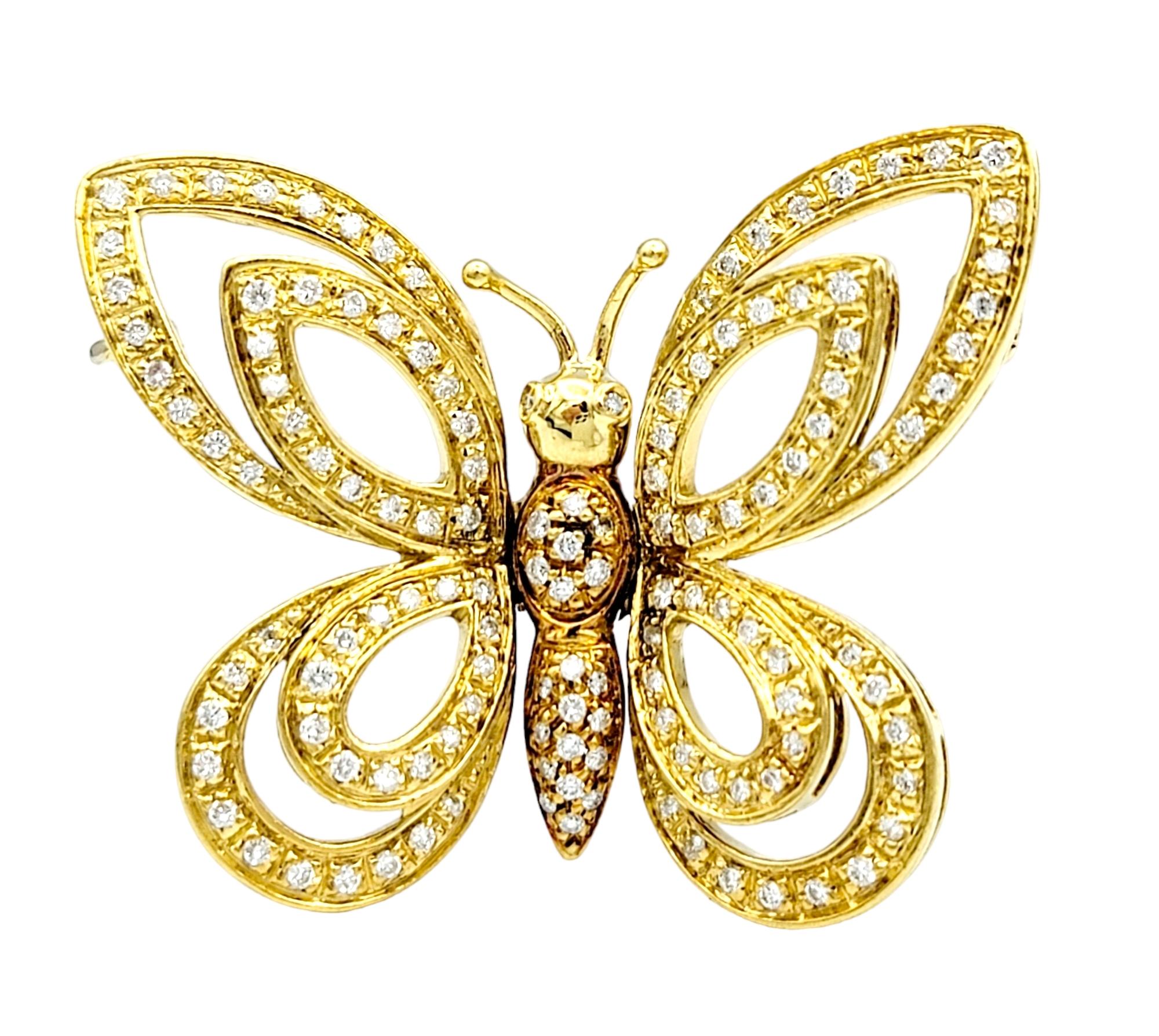 Women's 18 Karat Yellow and Rose Gold Pave Diamond Open Butterfly Brooch  For Sale