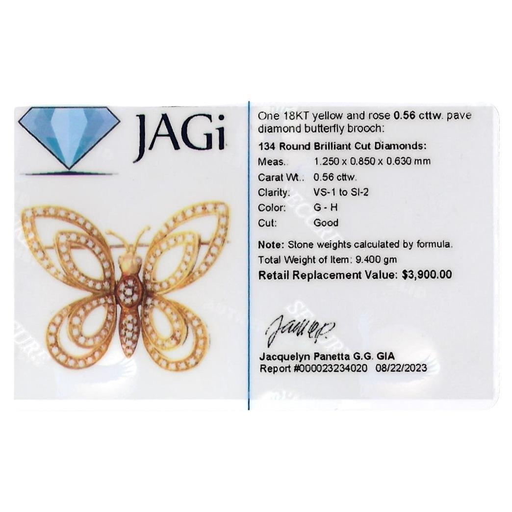 18 Karat Yellow and Rose Gold Pave Diamond Open Butterfly Brooch  For Sale 1
