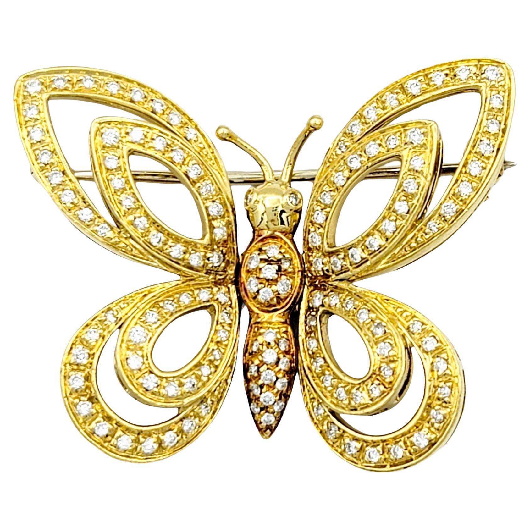 18 Karat Yellow and Rose Gold Pave Diamond Open Butterfly Brooch  For Sale