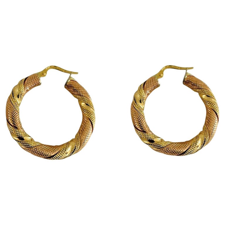 9CT HALLMARKED WHITE & YELLOW GOLD 27MM TWIST TEXTURED HOOP EARRINGS 