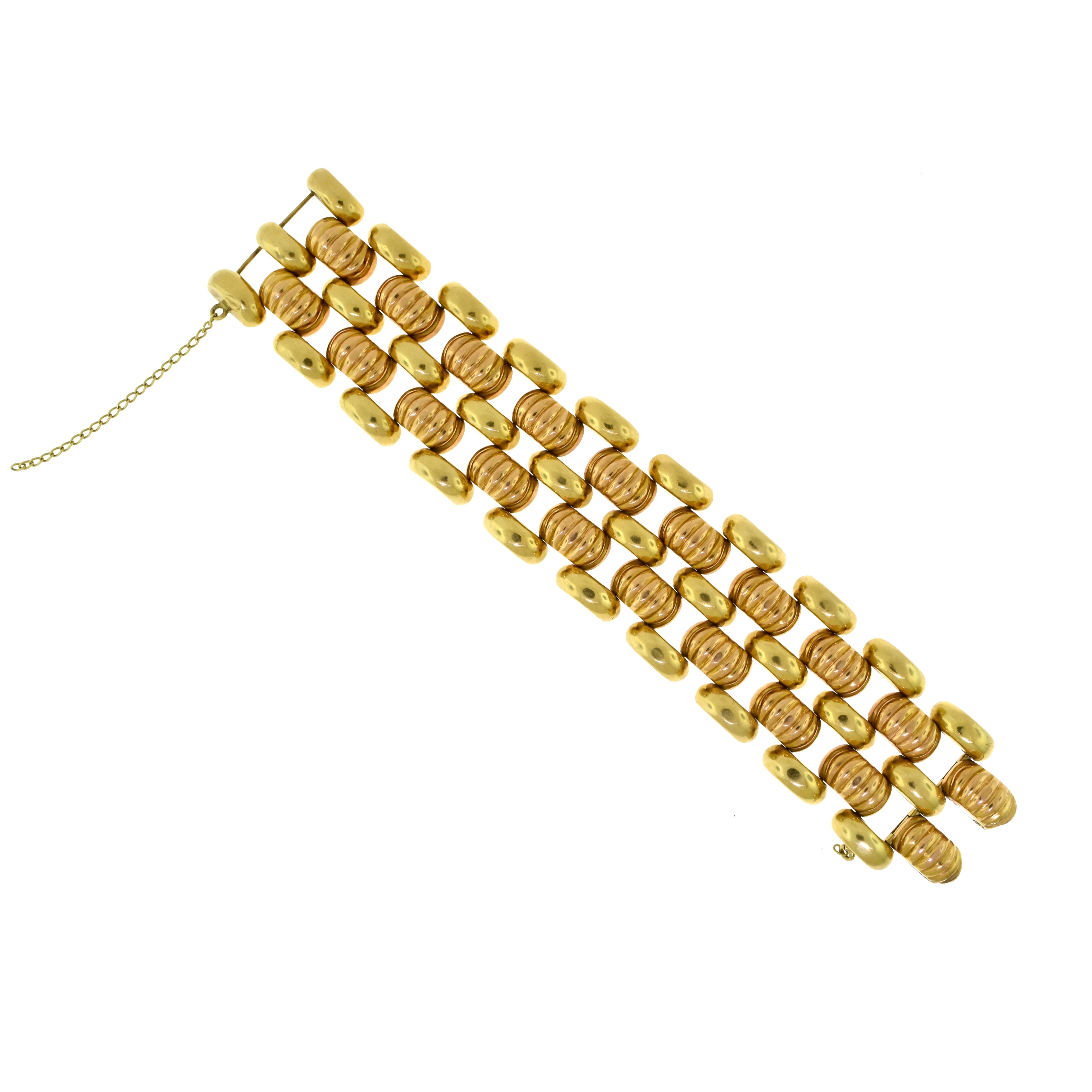 Metal: 18 Karat Rose Gold, 18 Karat Yellow Gold 
Bracelet Length: 7.75 inches
Bracelet Width: 1.5 inches
Bracelet Thickness: 6.72 mm
Total Item Weight (g): 87.9 
