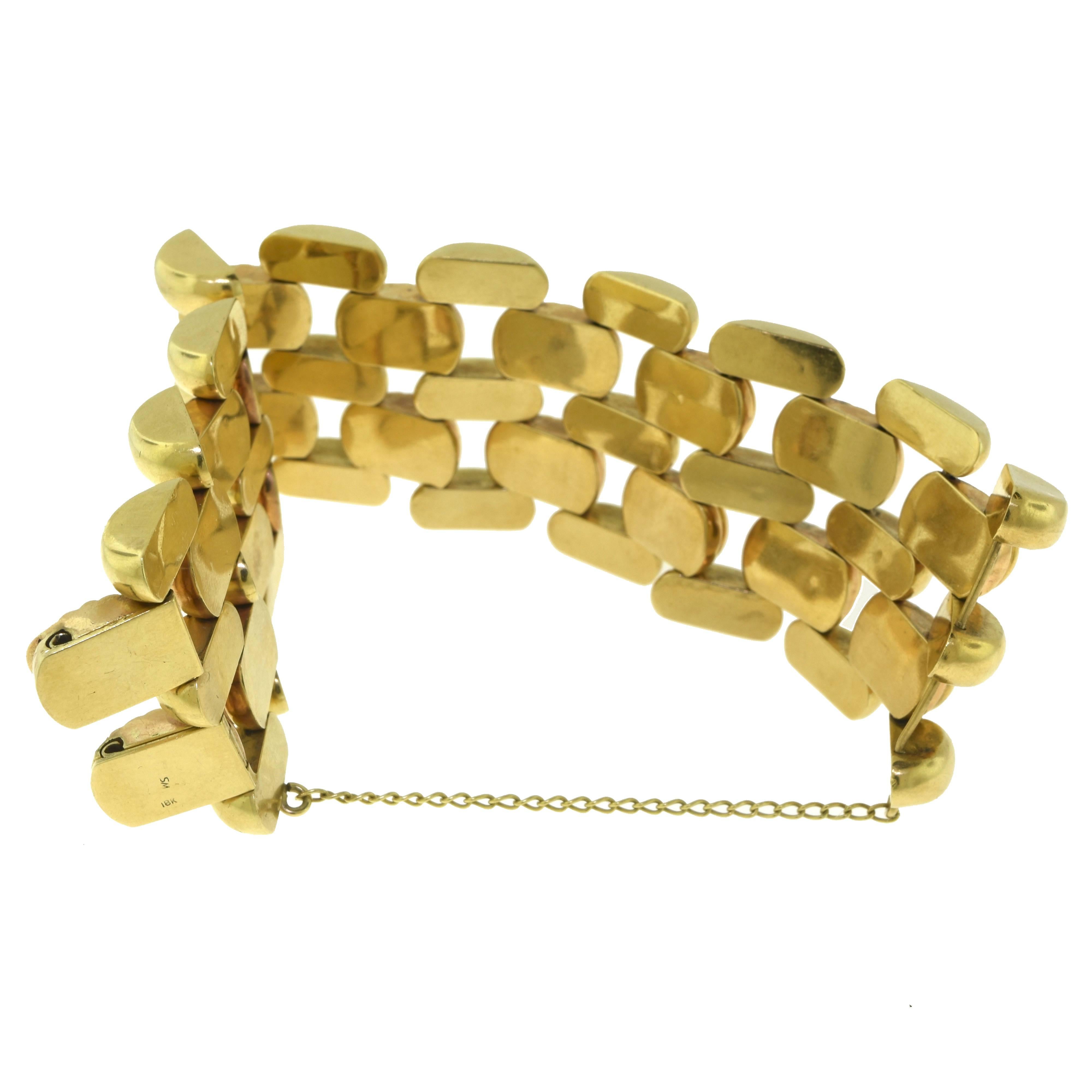 18 Karat Yellow and Rose Gold Wide Heavy Link Bracelet In Good Condition In Miami, FL