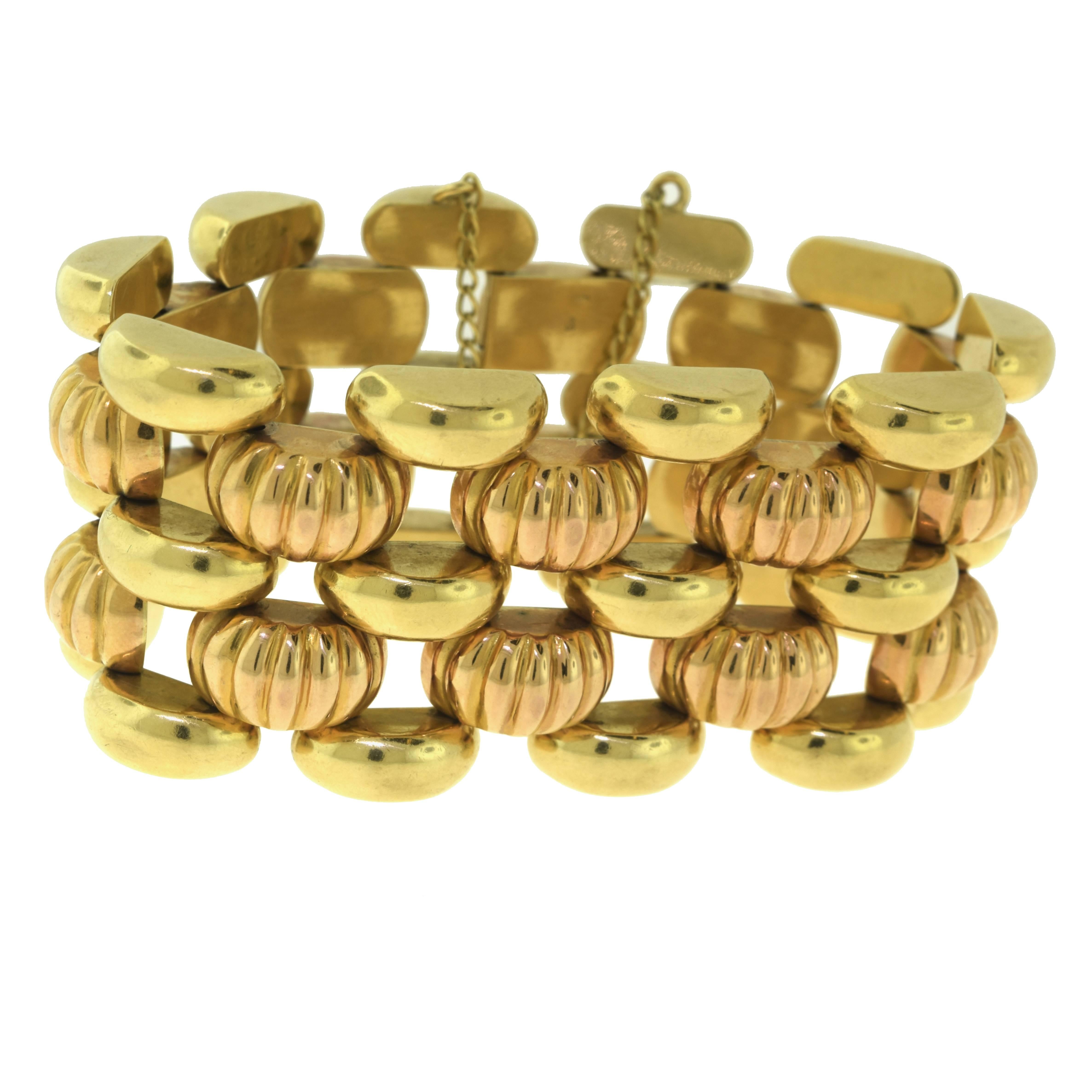 18 Karat Yellow and Rose Gold Wide Heavy Link Bracelet 1