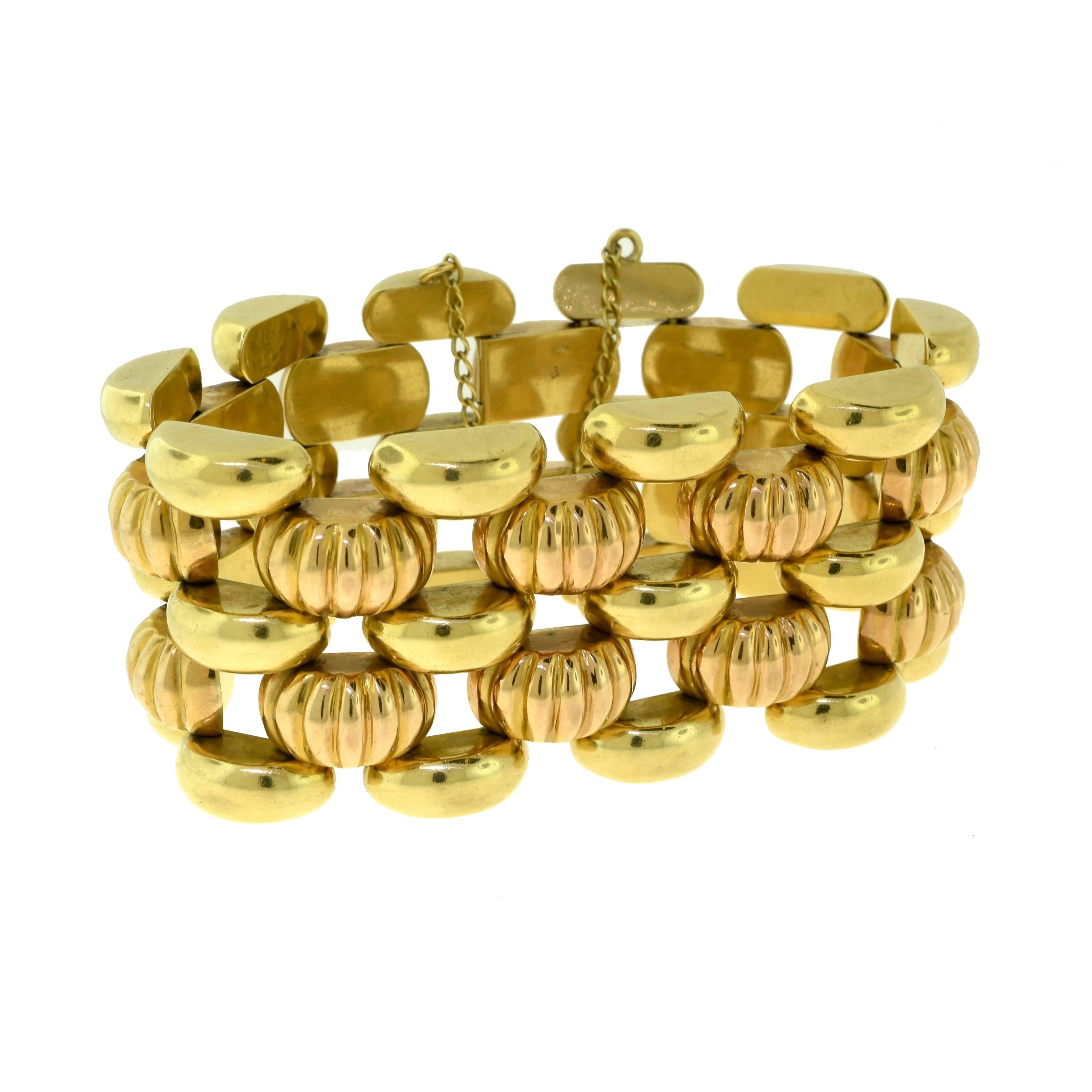 18 Karat Yellow and Rose Gold Wide Heavy Link Bracelet 2