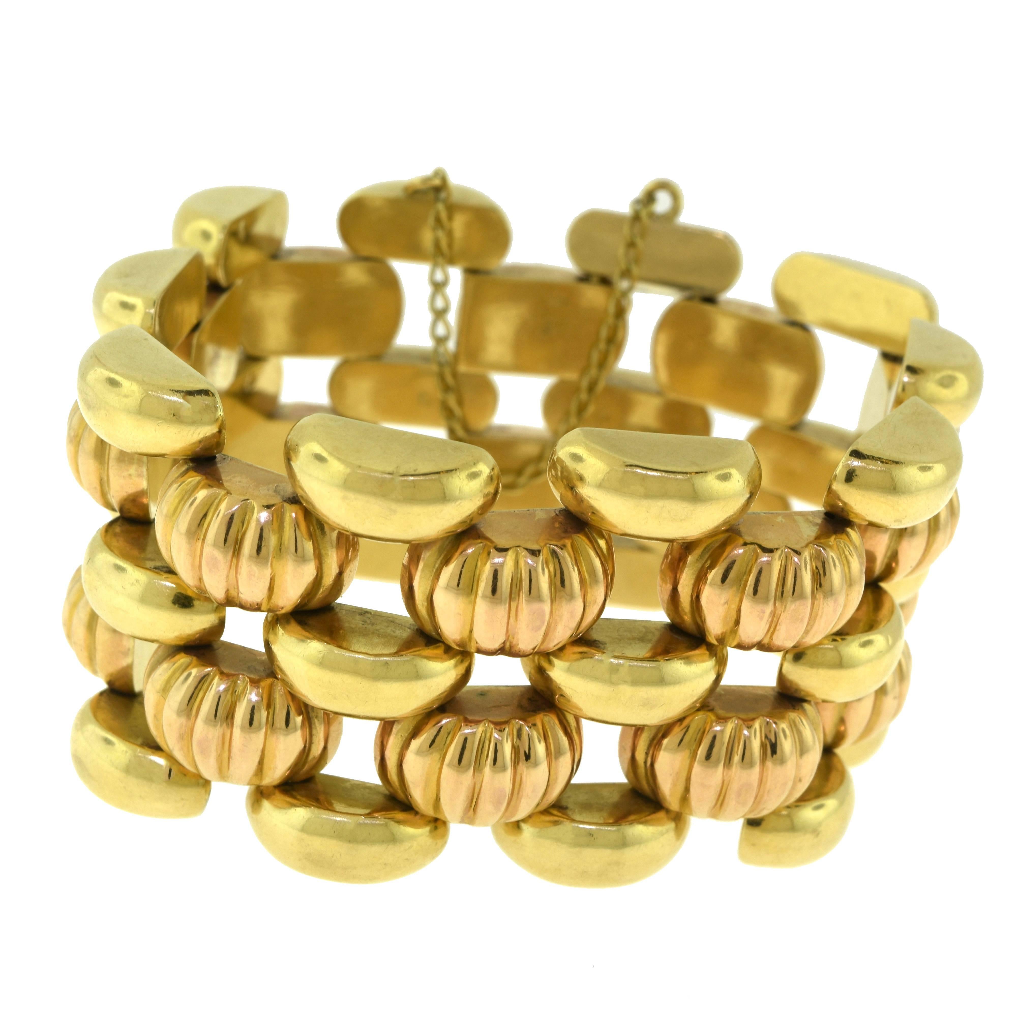 18 Karat Yellow and Rose Gold Wide Heavy Link Bracelet