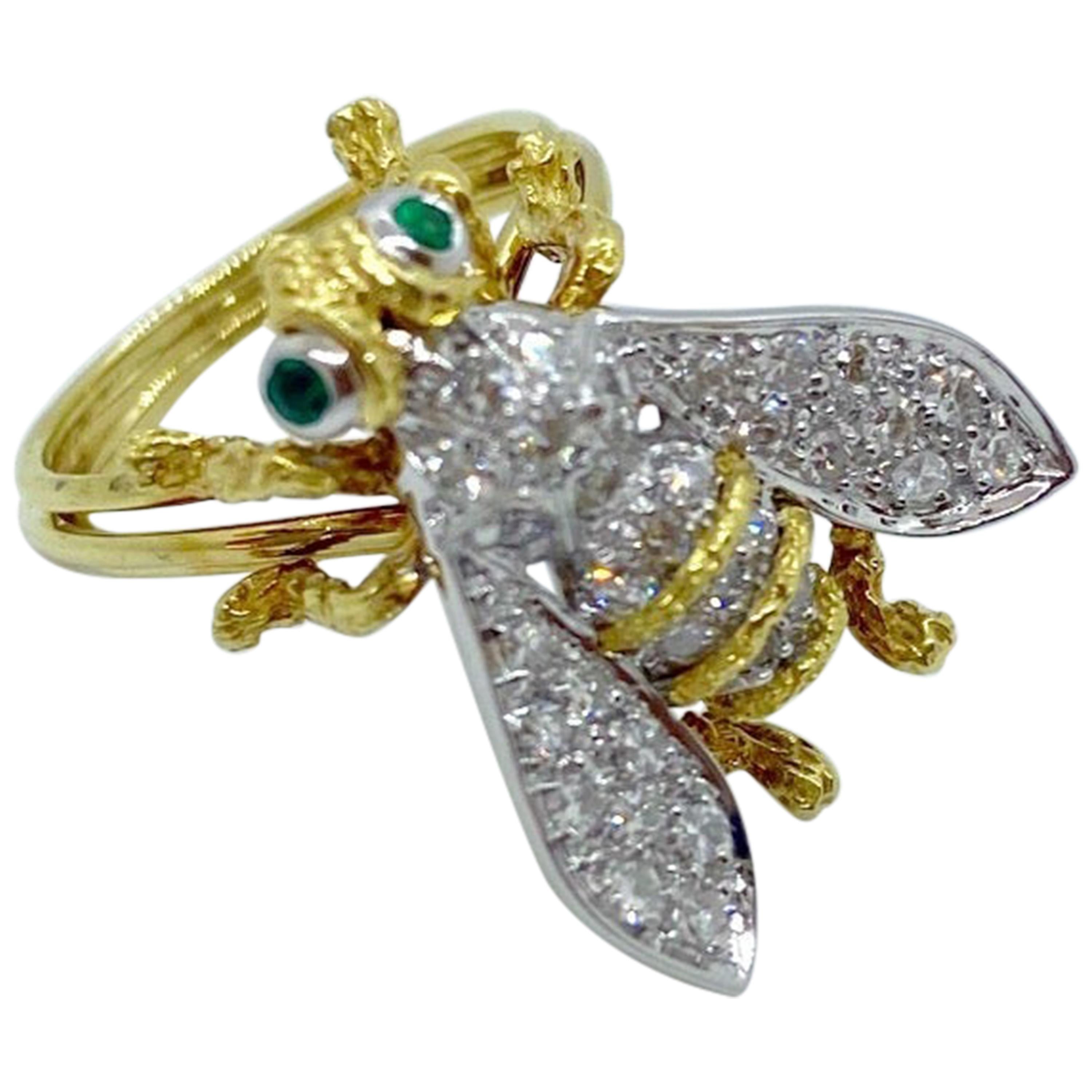 18 Karat Yellow and White Gold, .54Ct. Diamond Bee Interchangeable Ring 
Brooch