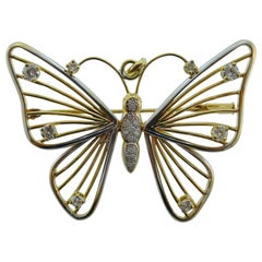 18 Karat Yellow and White Gold and Diamond Butterfly Pendant or Brooch Vintage