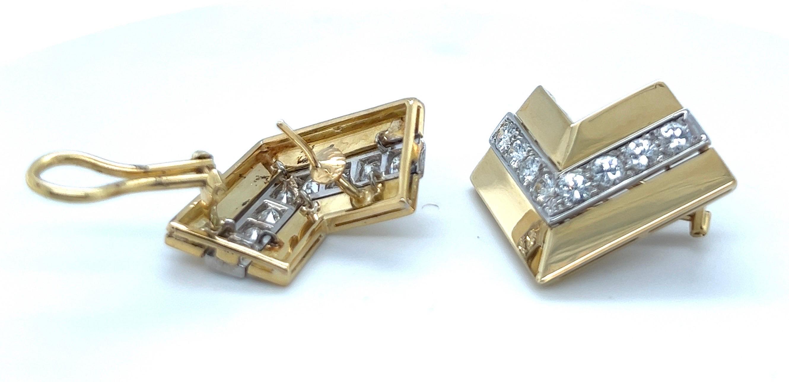 Brilliant Cut 18 Karat Yellow and White Gold and Diamond Ear Clips For Sale