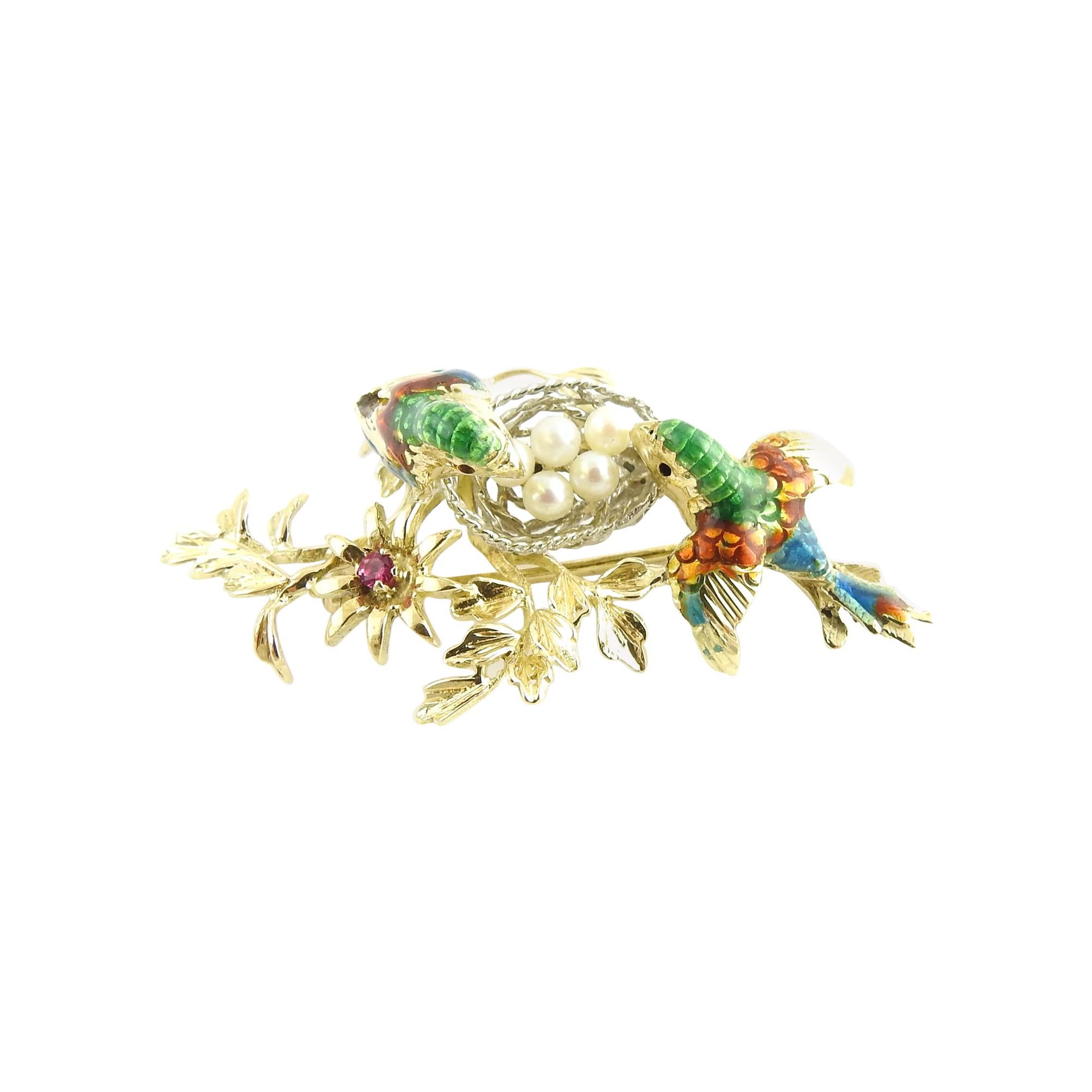 18 Karat Yellow and White Gold and Pearl Birds and Nest Brooch / Pin