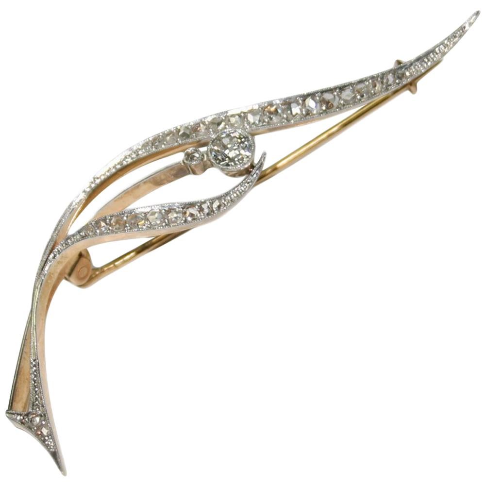 Broche de mujer Art Decó de oro amarillo y blanco de 18 quilates con diamantes de 0,50 quilates en venta