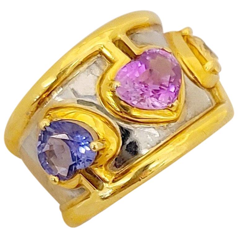 18 Karat Yellow and White Gold Band with Yellow, Pink and Blue Sapphire Hearts For Sale