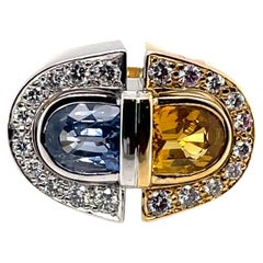 18 Karat Yellow and White Gold, Blue and Yellow Sapphire and Diamond Ring