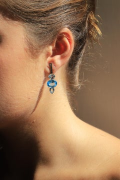 Rossella Ugolini 18K Gold Blue Topaz 0.16 White Diamonds Blue Ocean Earrings