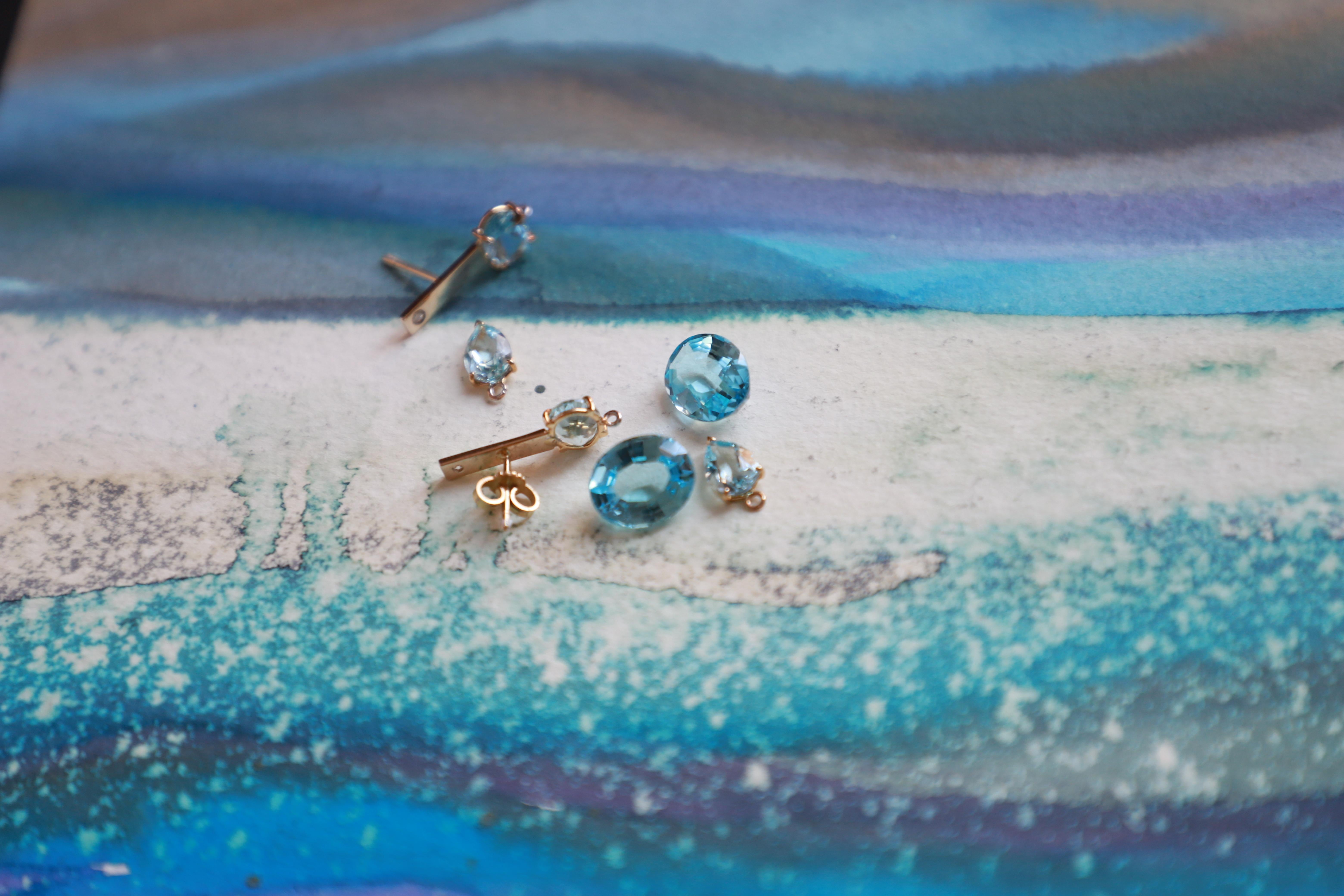 18 Karat Gold Blue Topaz 0.16 Karat White Diamonds Blue Ocean Earrings For Sale 2