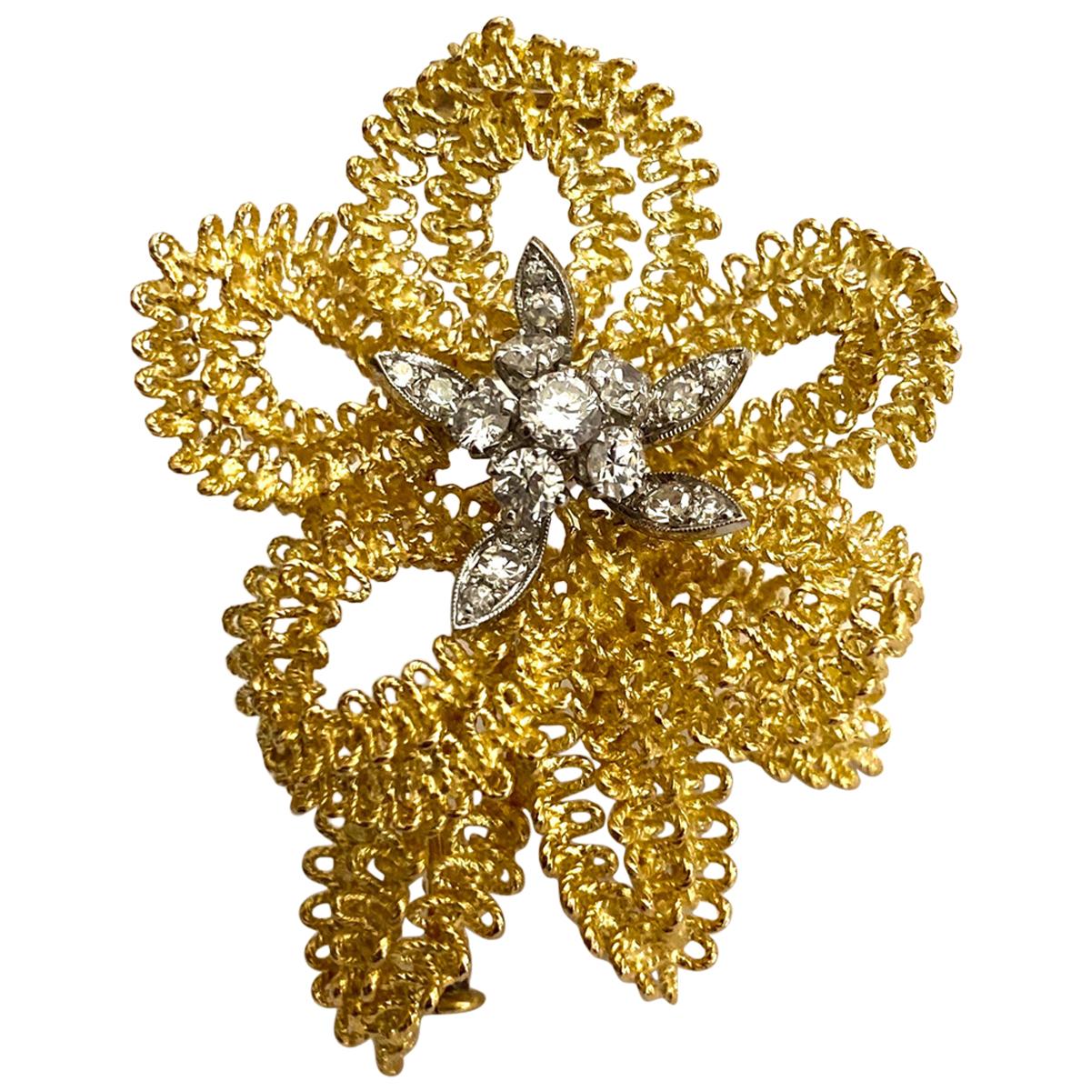 18 Karat Yellow and White Gold Brooch, Diamonds, France, 1960 For Sale