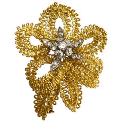 Retro 18 Karat Yellow and White Gold Brooch, Diamonds, France, 1960