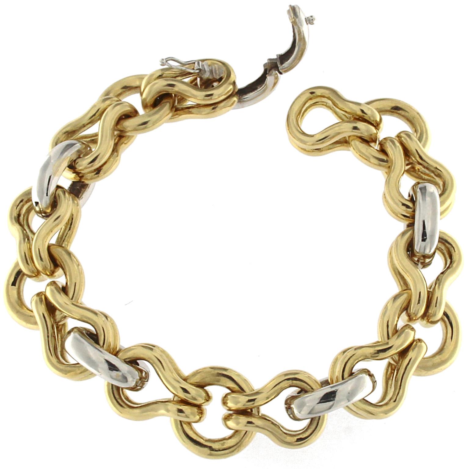 Women's or Men's 18 Karat Yellow and White Gold Chain Massif Effect Bracelet For Sale