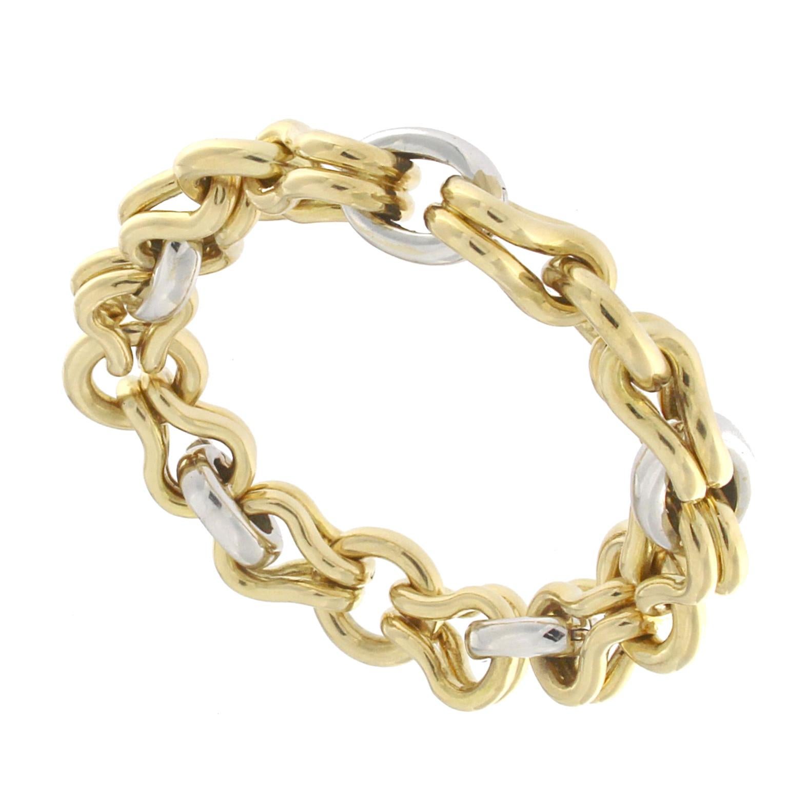 18 Karat Yellow and White Gold Chain Massif Effect Bracelet For Sale