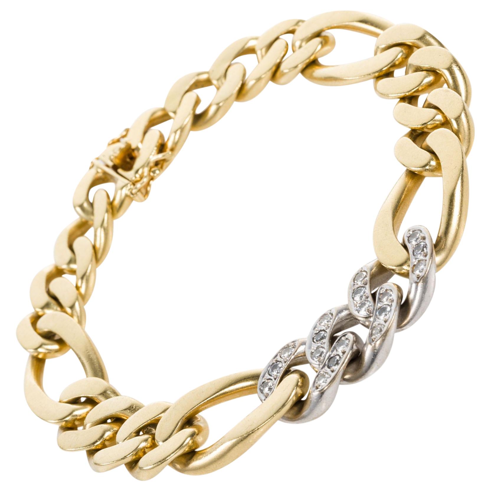 18 Karat Yellow and White Gold Curb Link and Diamond Unisex Bracelet For Sale