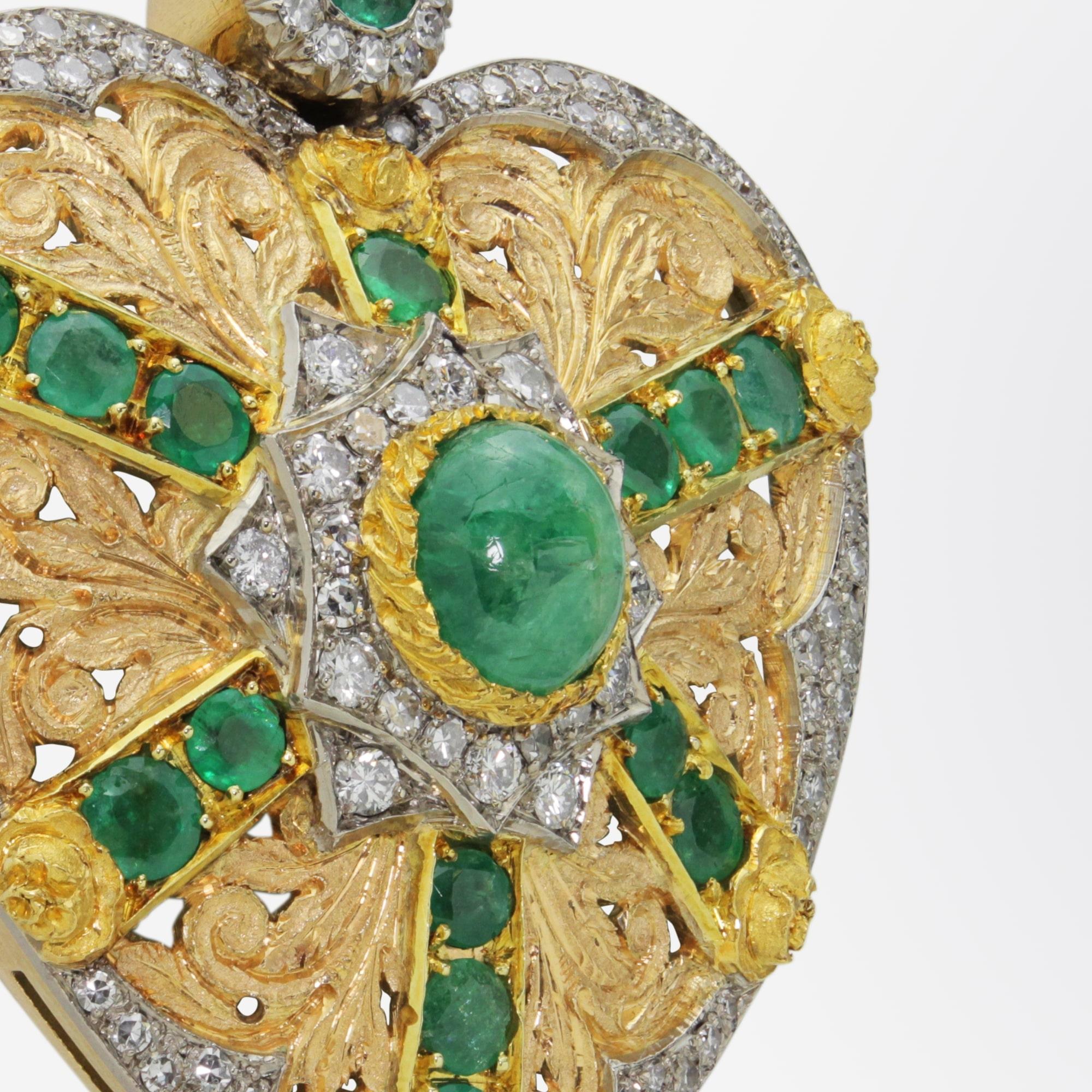 Modern 18 Karat Yellow and White Gold, Diamond, and Emerald Heart Necklace