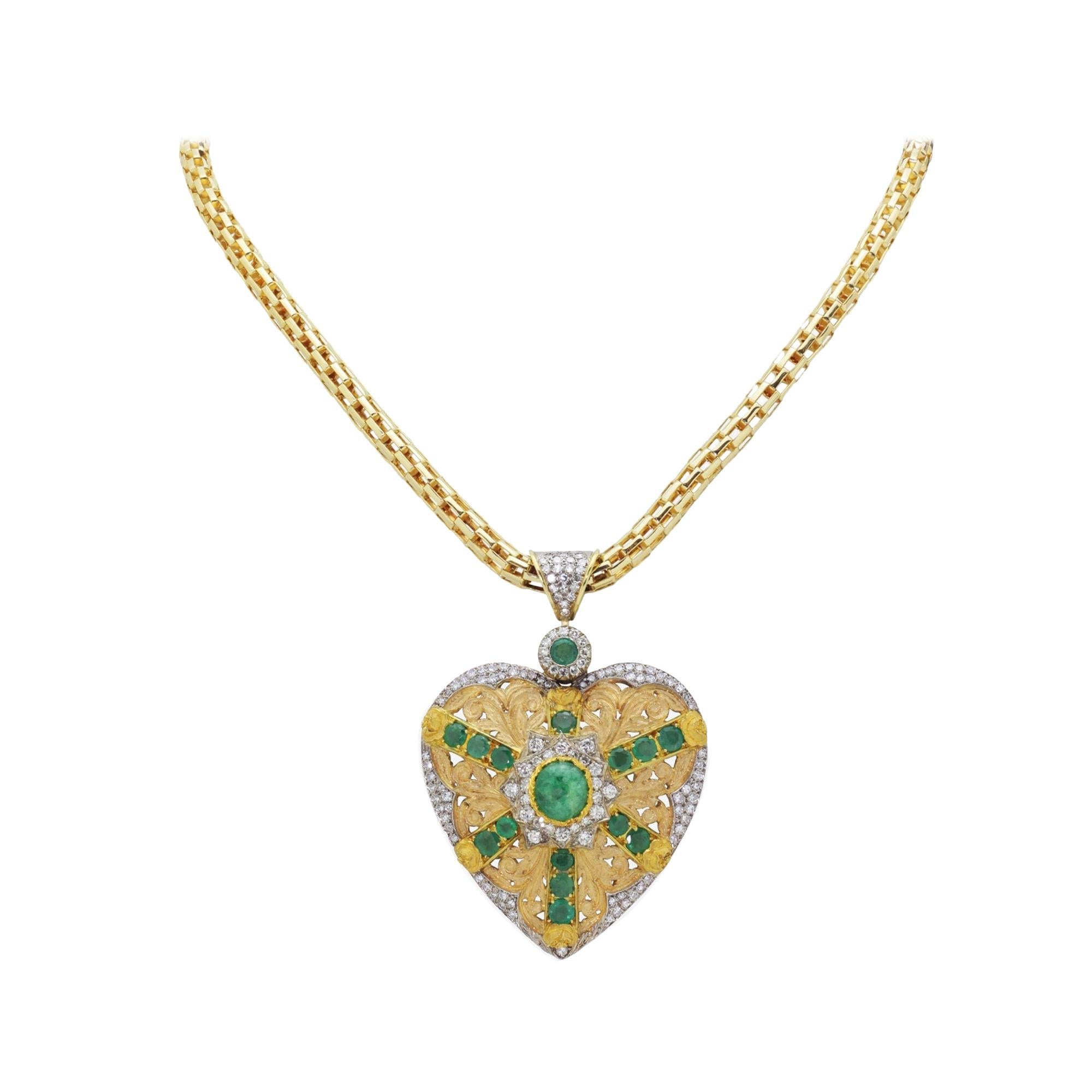 18 Karat Yellow and White Gold, Diamond, and Emerald Heart Necklace