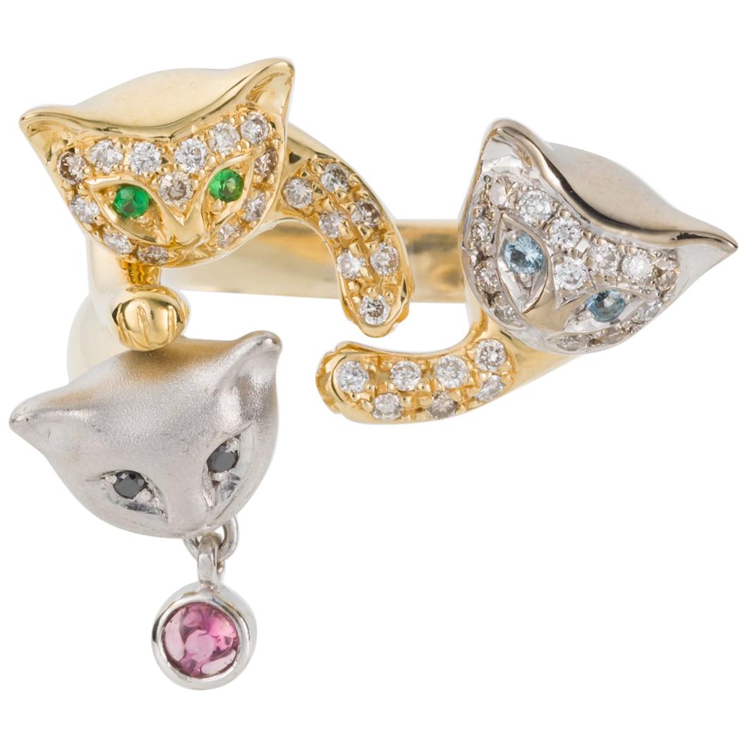 18 Karat Yellow and White Gold Diamond and Gemstone Set Cat Lovers Cocktail Ring