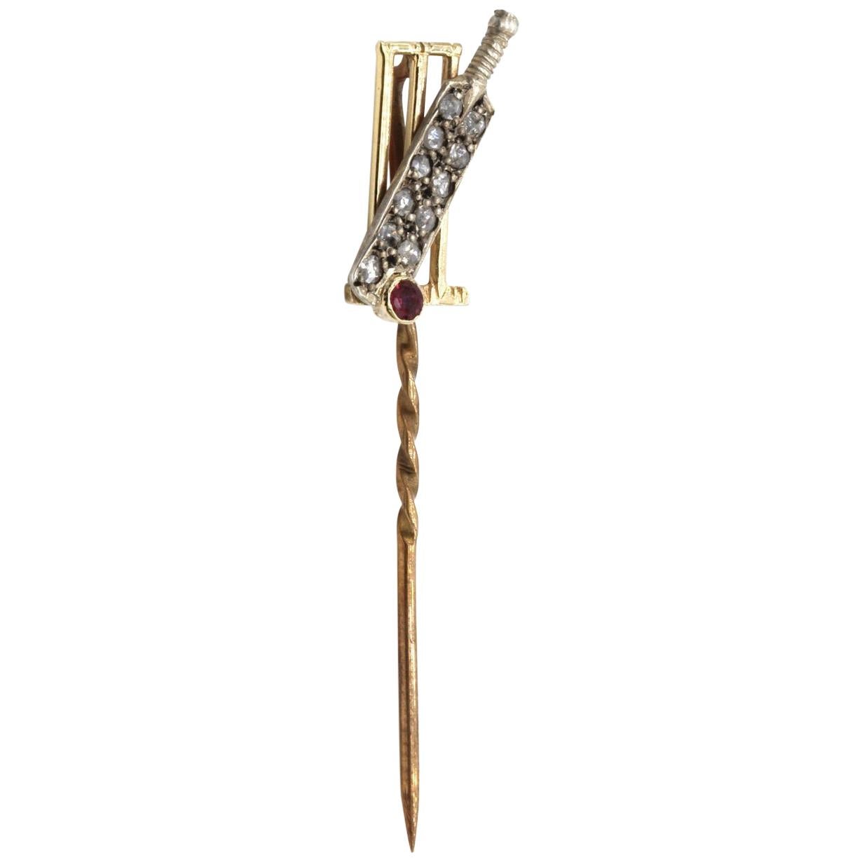 18 Kt Yellow and White Gold Diamond and Ruby Stick Pin Modeled as Cricket Bat For Sale