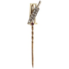 18 Kt Yellow and White Gold Diamond and Ruby Stick Pin Modeled as Cricket Bat