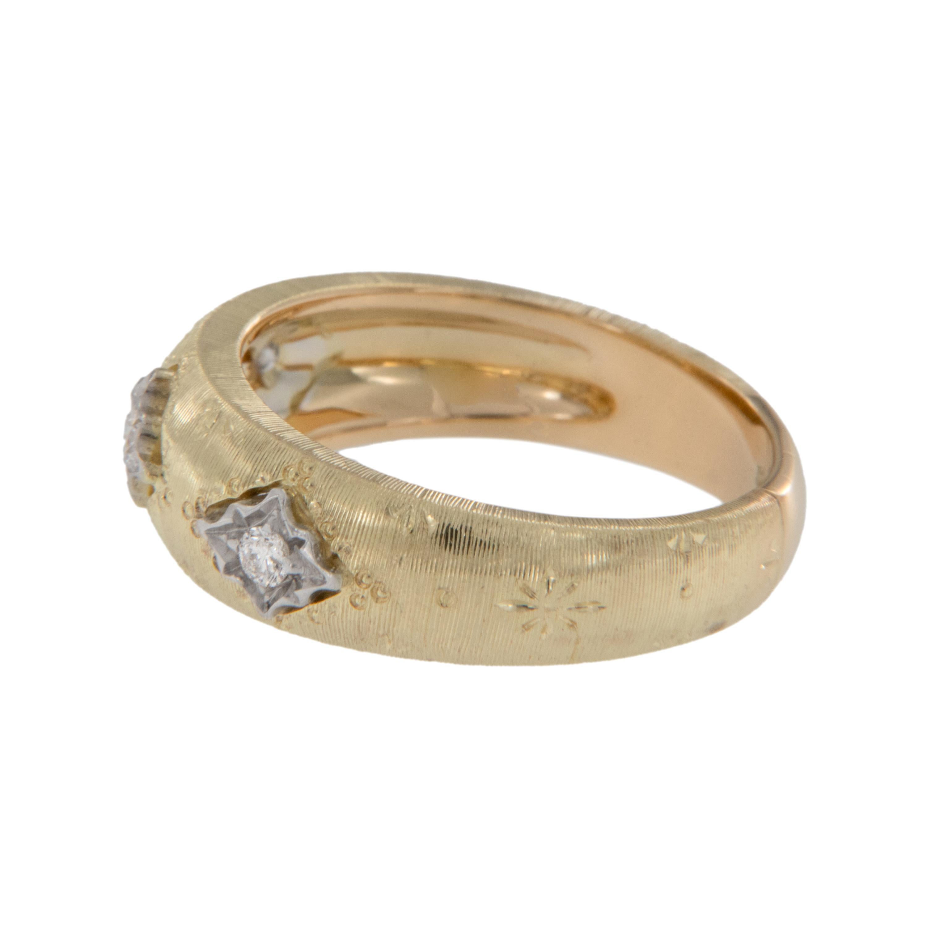 Made in Italy by expert craftsmen, this 18 karat yellow with 18 karat white gold accent dome ring with Florentine finish is a delight for the eye! For generations, a special engraving technique has been passed down from one master craftsperson to