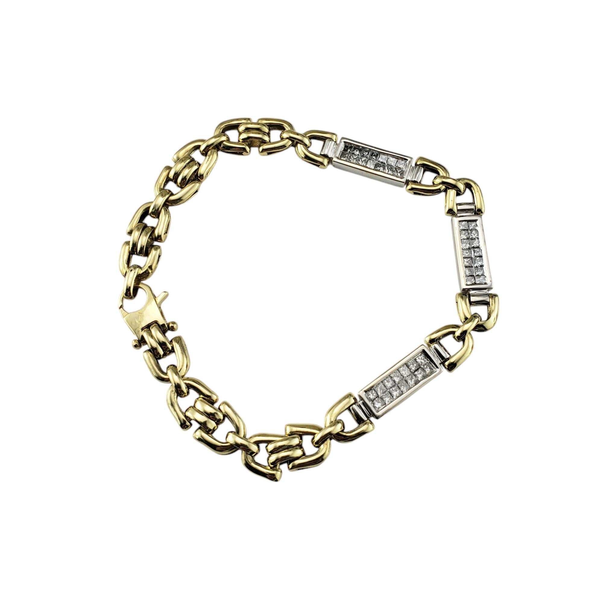 18K Yellow Gold and Diamond Link Bracelet-

This exquisite bracelet showcases the timeless elegance of 18K yellow gold, beautifully crafted into interlocking links for a seamless and sophisticated design.
 Adorned with 42 princess cut diamonds set