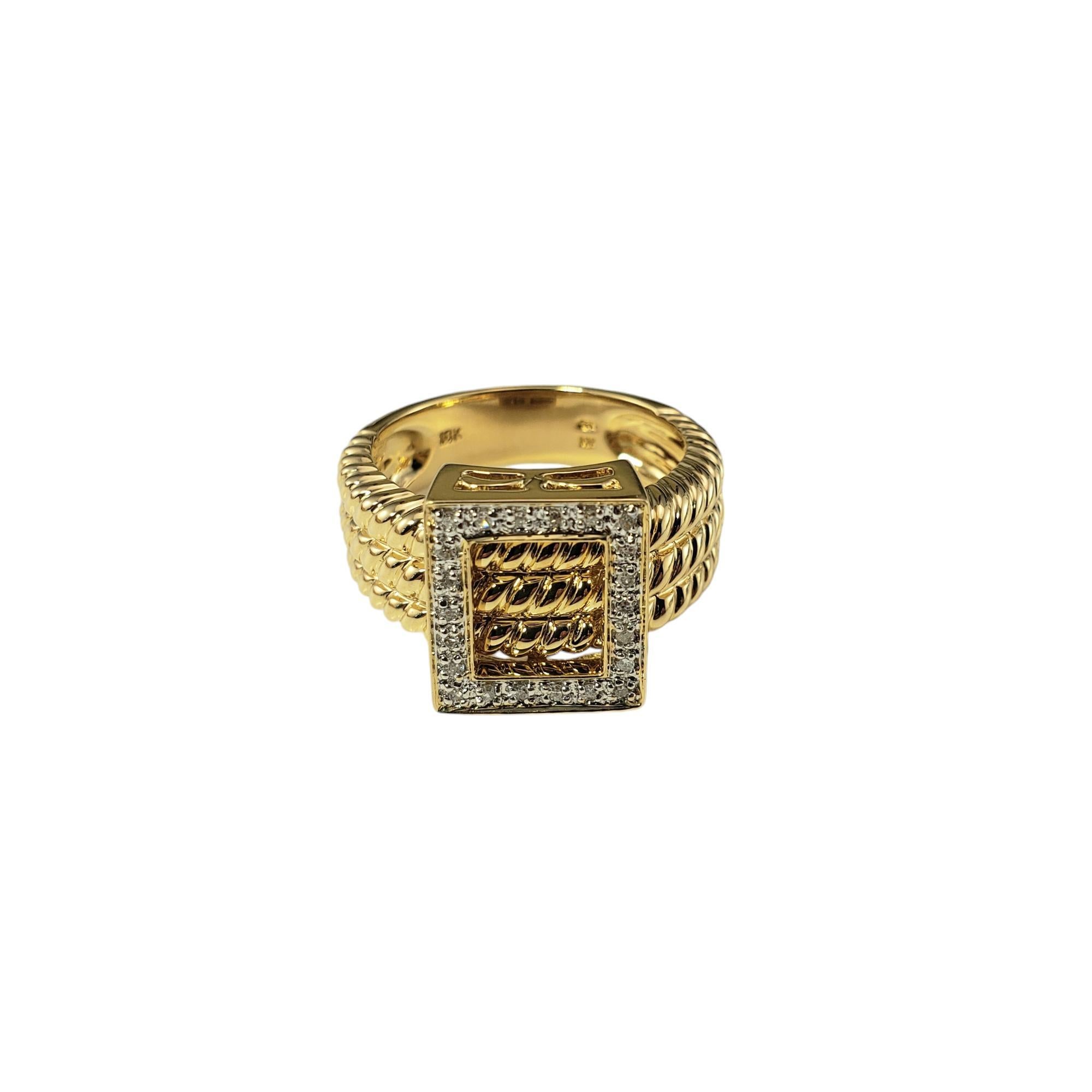 18 Karat Yellow and White Gold Diamond Buckle Ring Size 9

This stunning yellow gold ring features 22 round single cut diamonds set in beautifully detailed 18K white gold.

 Top of ring measures 13.5 mm x 12 mm.  Shank: 6 mm.

Approximate total