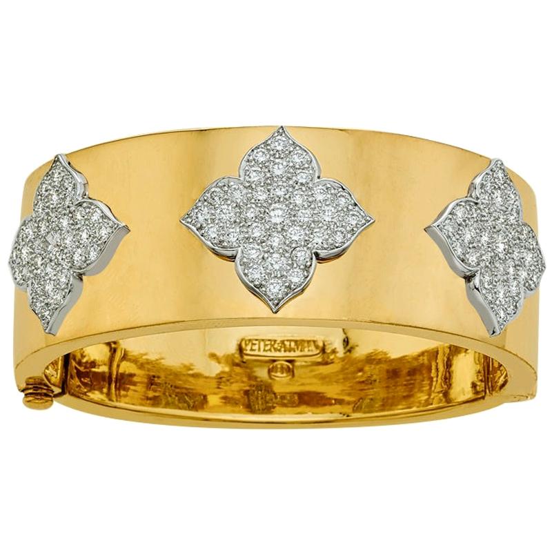 18 Karat Yellow and White Gold Diamond Cuff-Bangle Bracelet For Sale